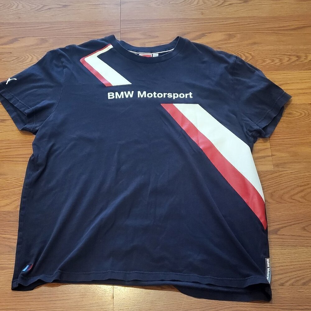 Puma BMW Motorsport T-Shirt Men's Size Large Navy Blue Stripes Crew Neck